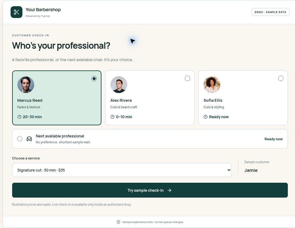 Turnilo barbershop check-in interface. Illustrative sample data.