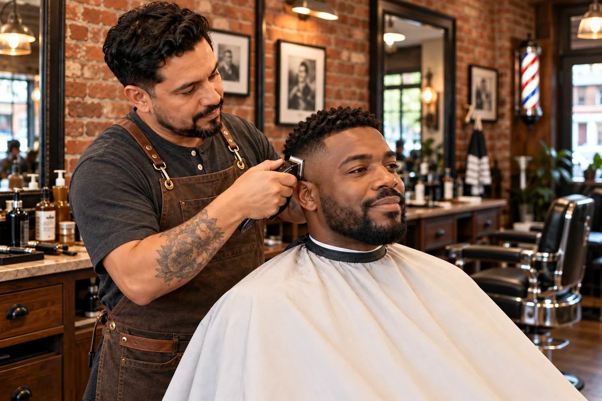 Barber in a charcoal shirt and brown apron cutting hair in a brick and walnut barbershop