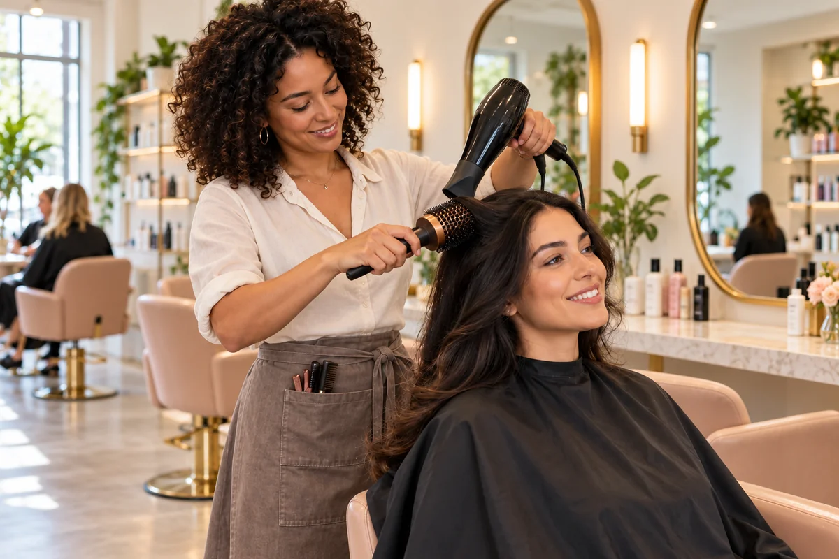 Stylist in an ivory blouse blow-drying hair in a bright cream and brass beauty salon